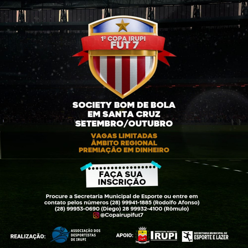 Estão abertas as inscrições para o 1° Copa Irupi FUT7