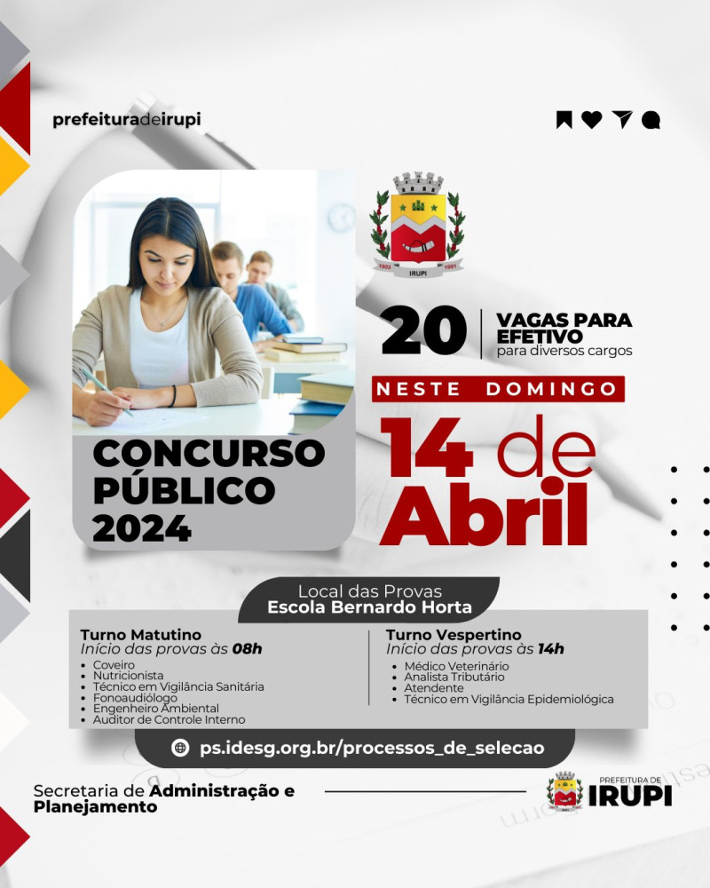 Concurso Público de Irupi: provas serão realizadas na Escola Bernardo Horta. Confira os horarios: