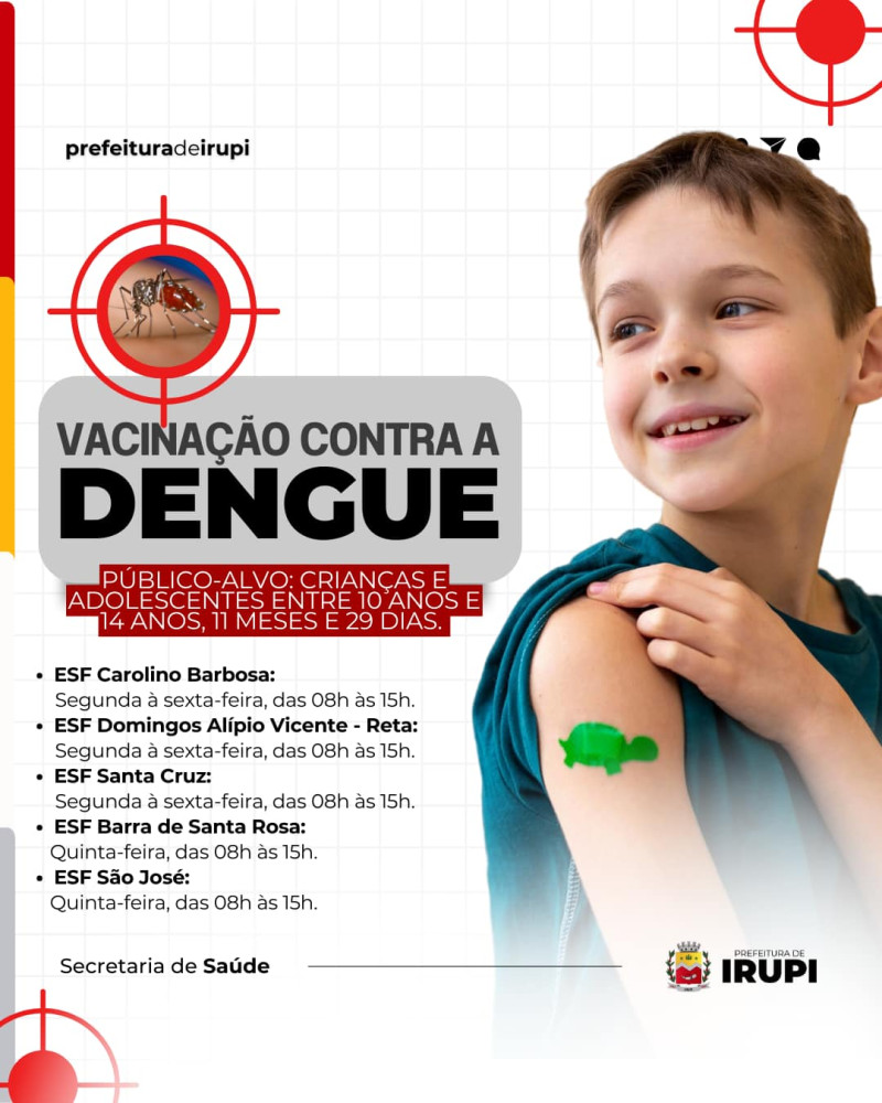 Disponível nas Unidades de Saúde do Municipio: Vacina contra a Dengue