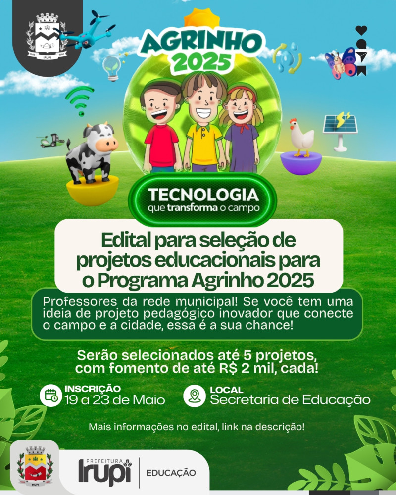 Irupi lança edital para seleção de projetos educacionais do Programa Agrinho 2025