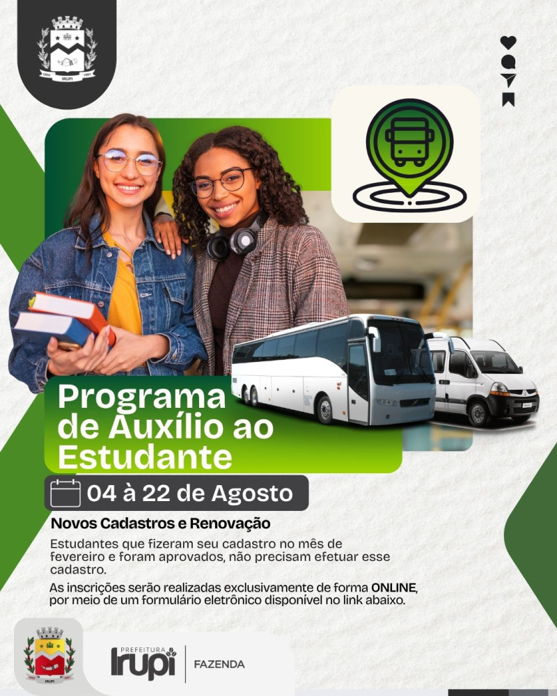 Prefeitura abre inscrições para Novos Cadastros e Recadastramentos do Programa de Auxílio ao Estudante (PAE)