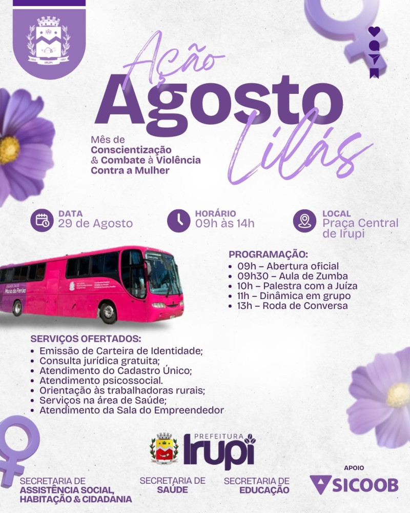 Prefeitura de Irupi promove Ação Agosto Lilás com Ônibus Rosa e serviços gratuitos à comunidade