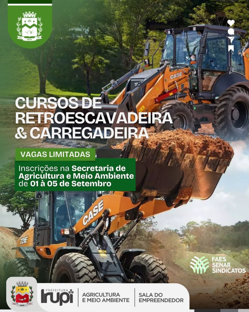 Prefeitura de Irupi abre inscrições para cursos de Retroescavadeira e Carregadeira