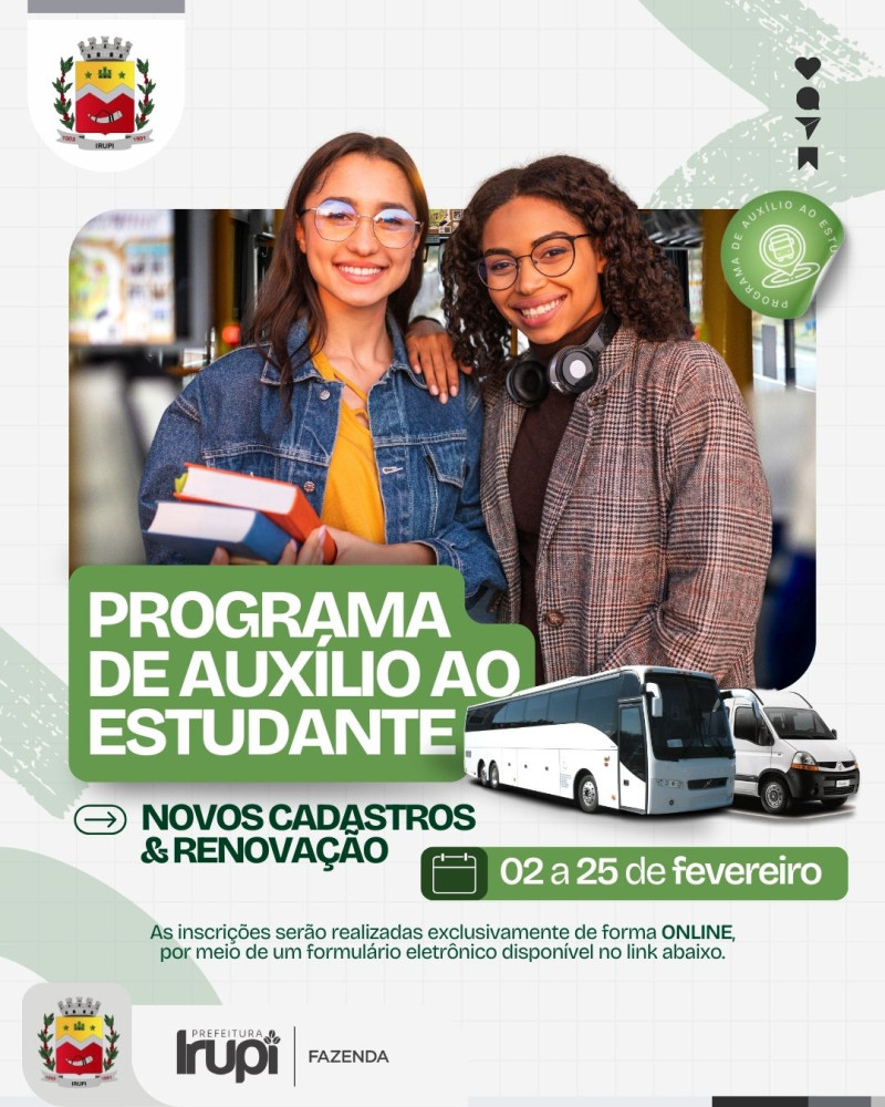 Prefeitura de Irupi abre inscrições para o Programa de Auxílio ao Estudante (PAE)