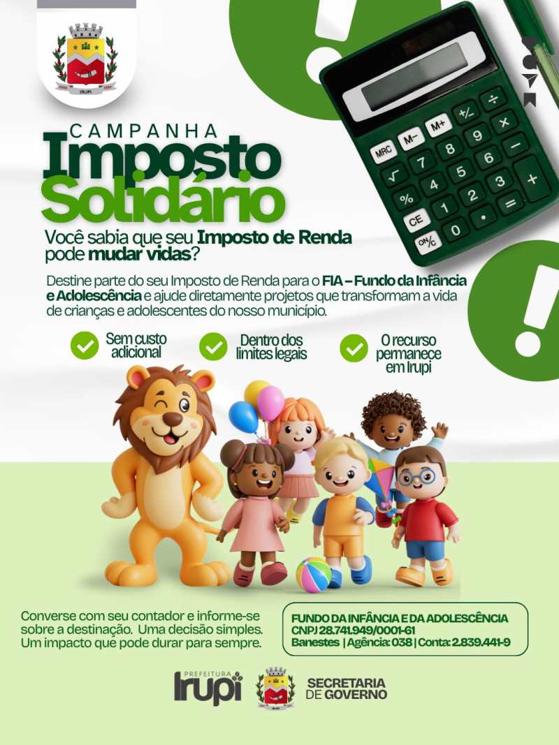 Campanha Imposto Solidário: é possível destinar até 3% do Imposto para o Fundo da Infância e Adolescência sem custo adicional