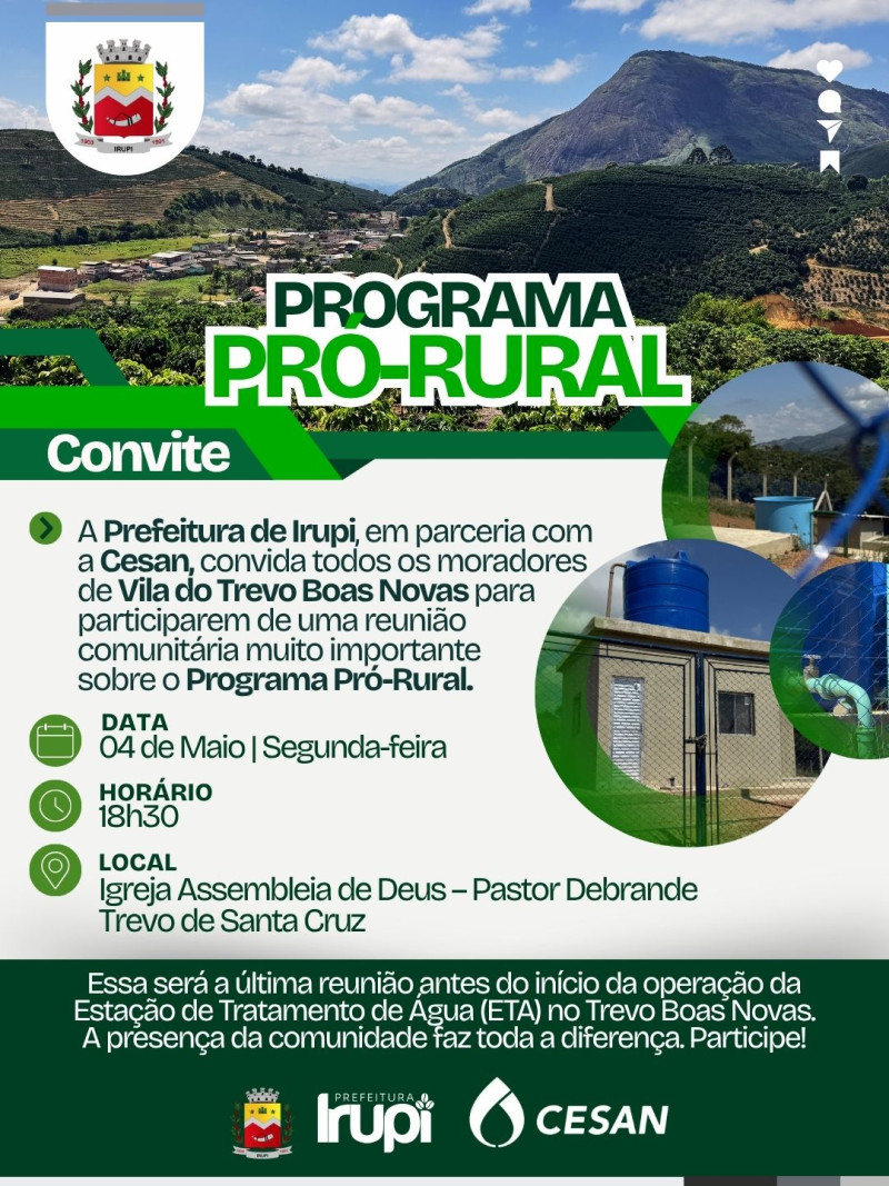 Programa Pró-Rural convida todos os mroadores da Vila do Trevo Boas Novas para reunião