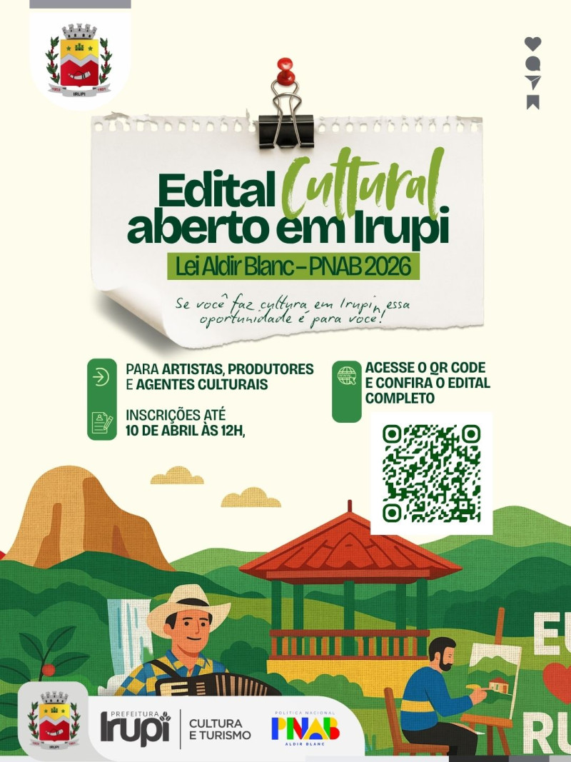 Edital  Cultural aberto em Irupi - Lei Aldir Blanc – PNAB 2026