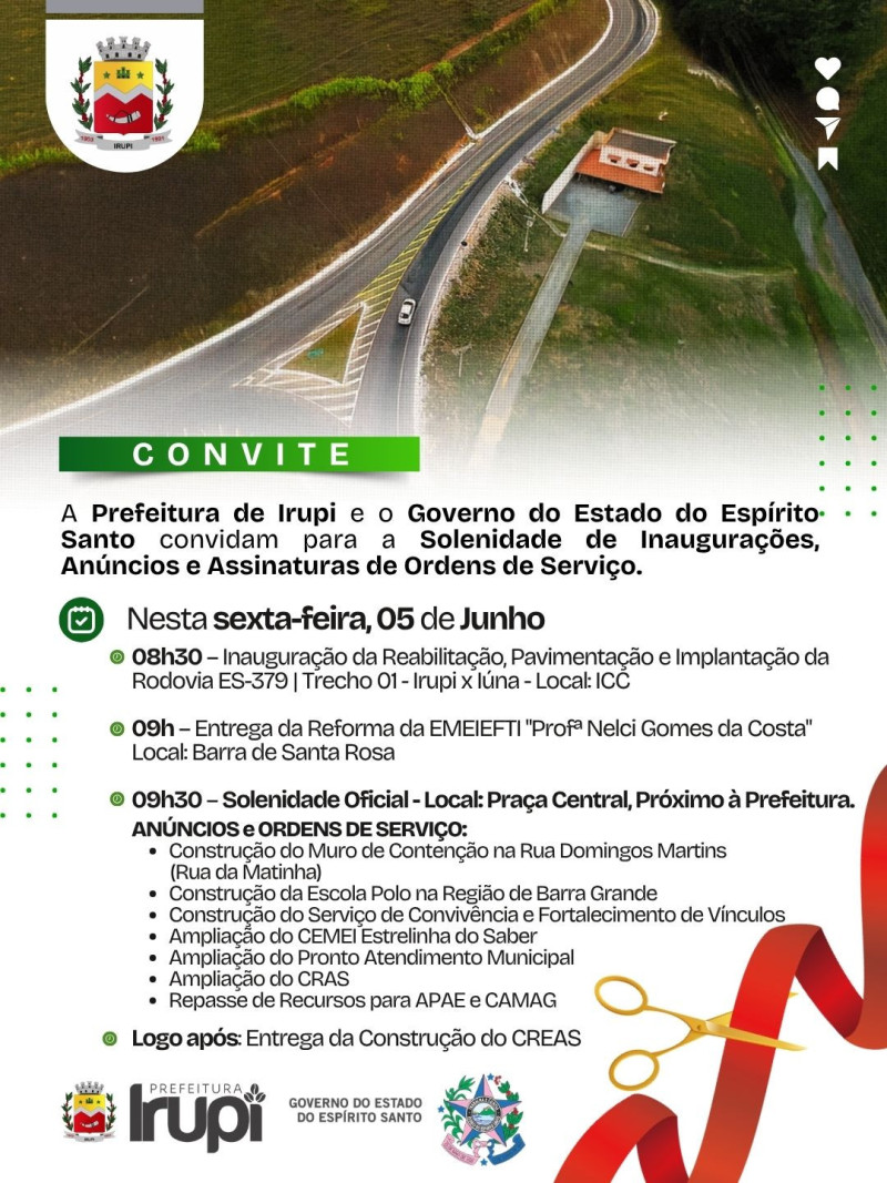 Convite para Solenidade de Inaugurações, Anúncios e Assinaturas de Ordens de Serviço